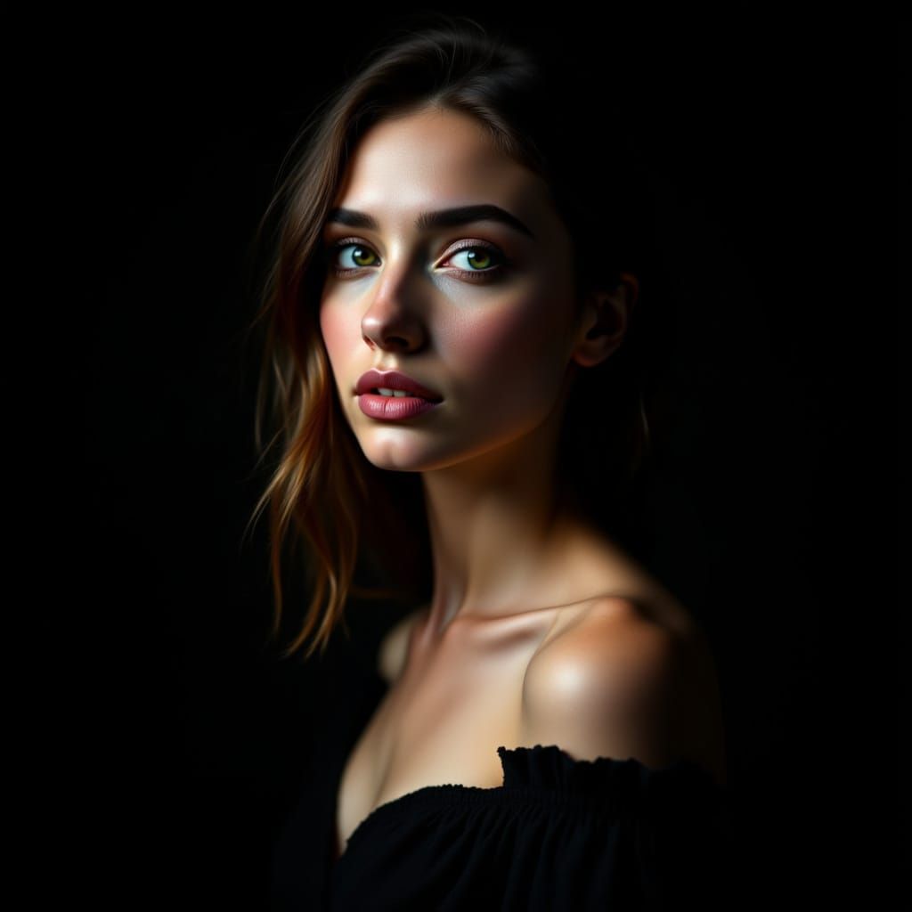 Black-and-white close-up portrait of a pretty young woman with a contemplative expression. She has loose, shoulder-length hair framing her f...