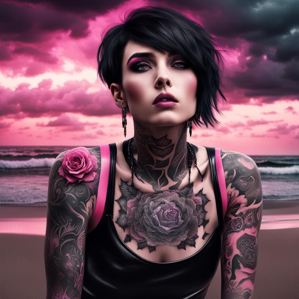 High contrast. 25 year old goth girl, with short choppy dark hair and tattoos. Wearing a black and pink ...  by @HunterBMF