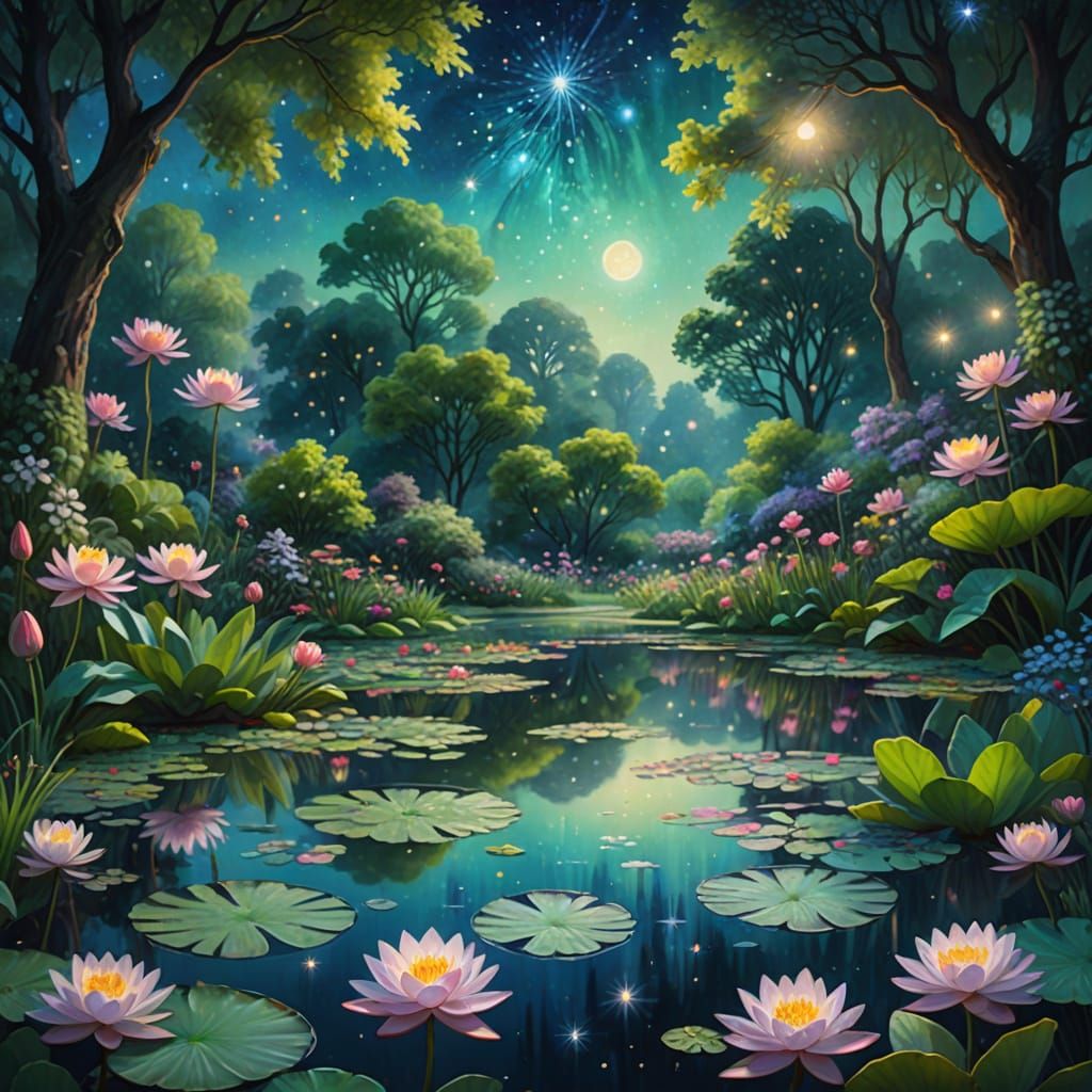 Oil painting. Medium shot. A lush garden with a transparent waterlily pond, reflecting a starry sky, ...  by @Fungidelight