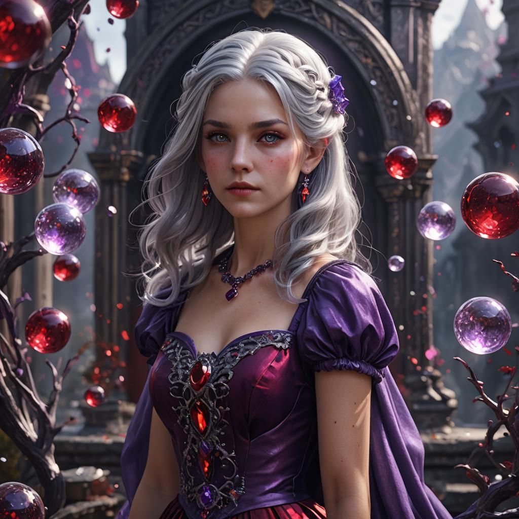 silver hair purple dress red crystal magic glass ball