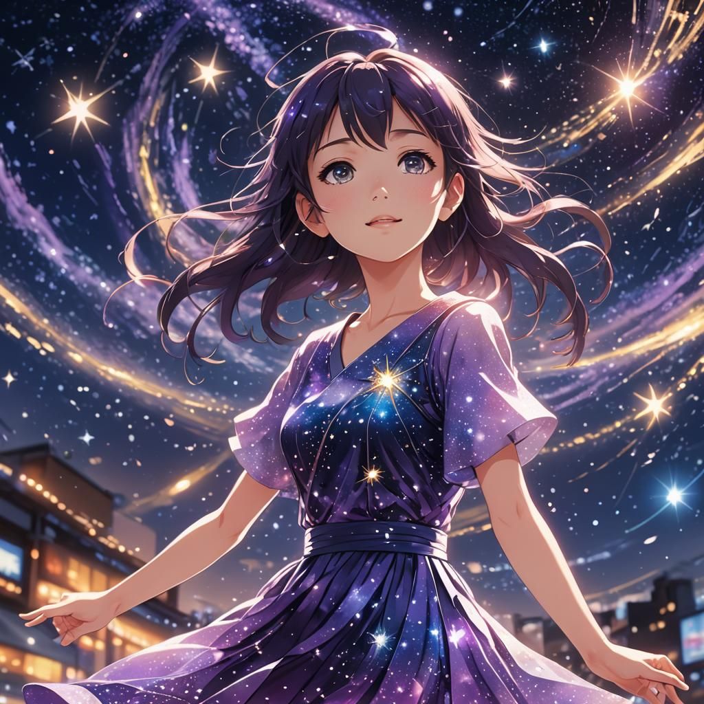 Girl Dancing in Stars: Vibrant Anime Illustration