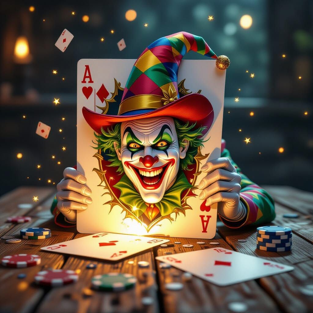 A playing card lies on a wooden table, and from its surface, a lively Joker is emerging — half inside the card, half stepping out into the r...