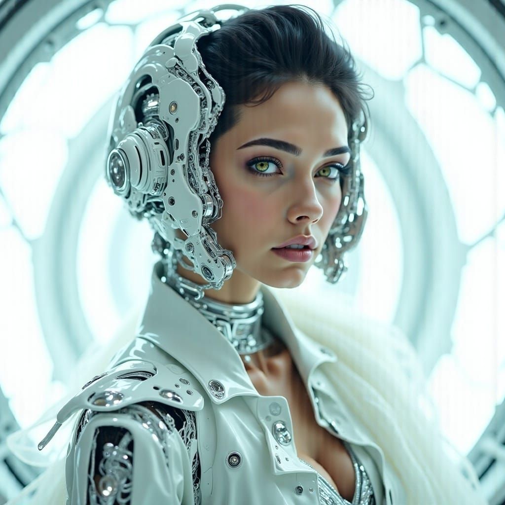 <lora:Eyvindr Fx:1.0>, insane fashion photography beautiful young woman serene futuristic Cyberqueen translucent skin robotic head super sty...