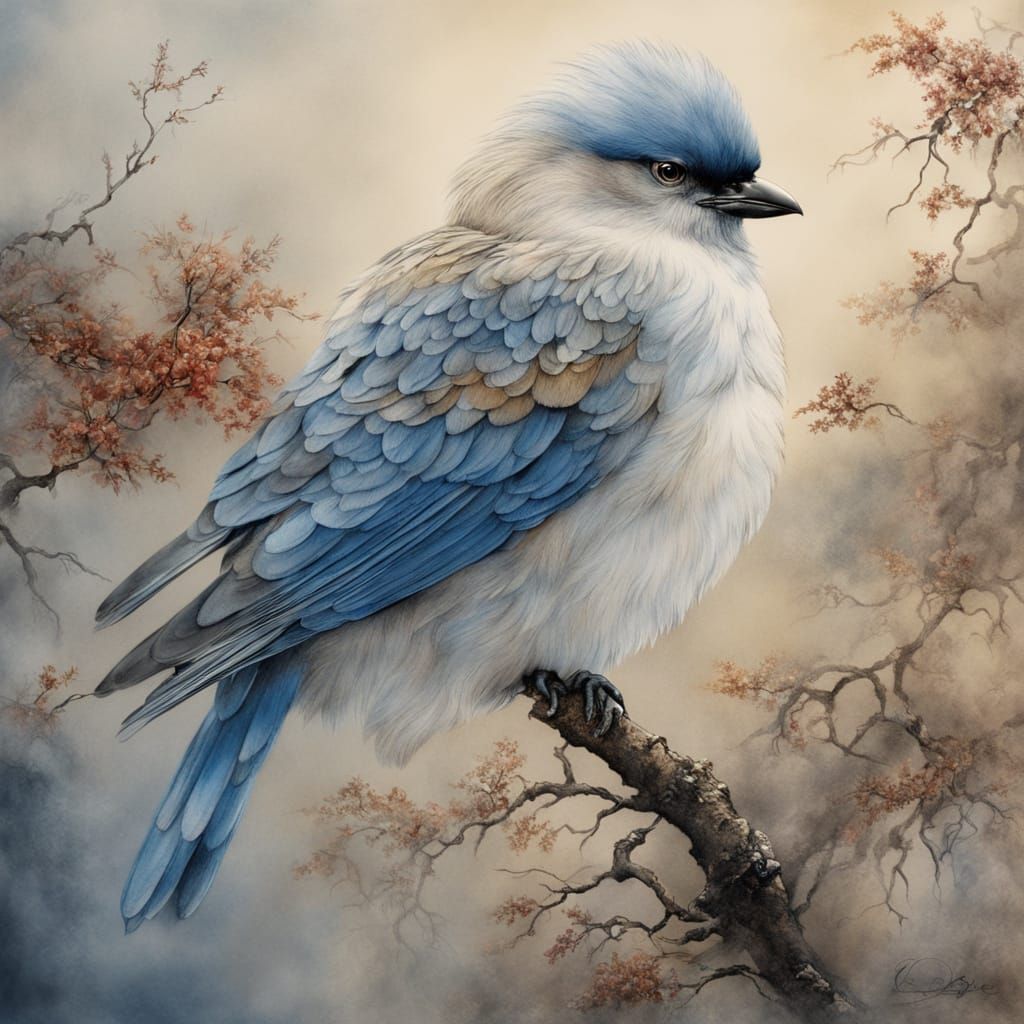 Fluffy Bird on Branch in Chinese Landscape Painting