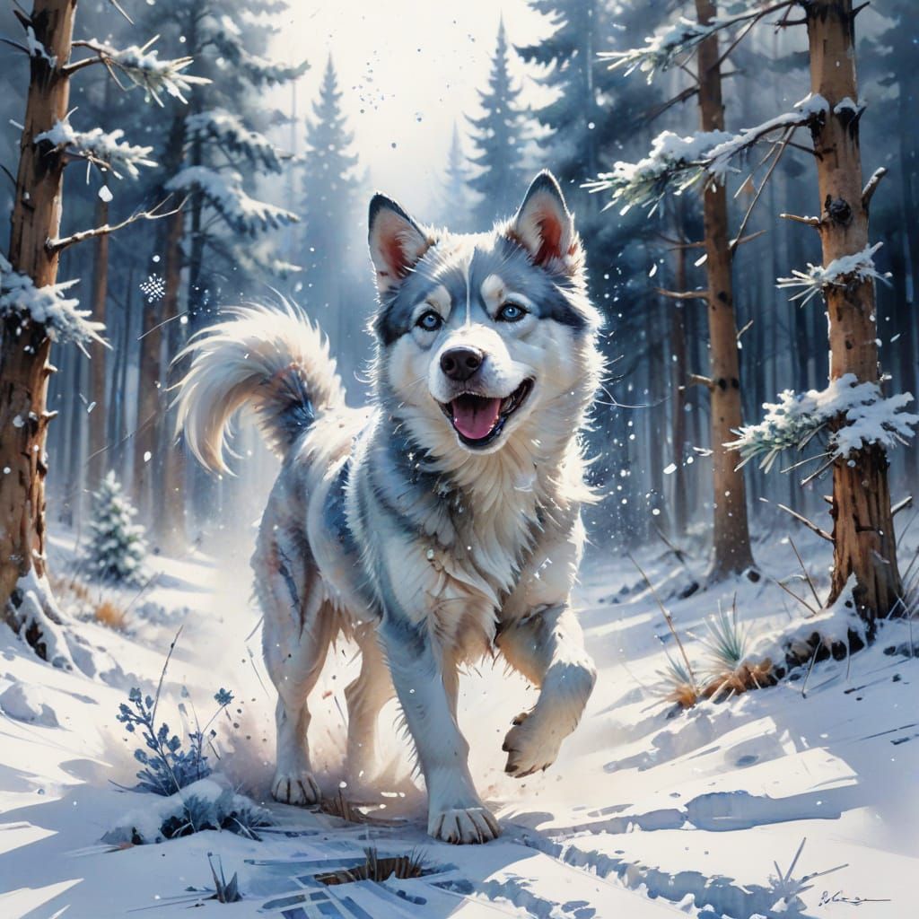 Husky Puppy Frolics in Winter Wonderland as Hyperrealist Pai...