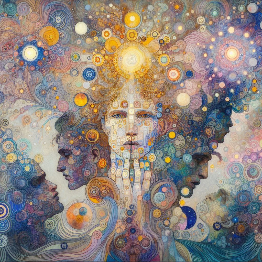 SOULS EXPELLED AND MAN TURNED INTO AN AUTOMAT multi-layered fantasy , with bold, clashing colors, illuminated by soft, e...