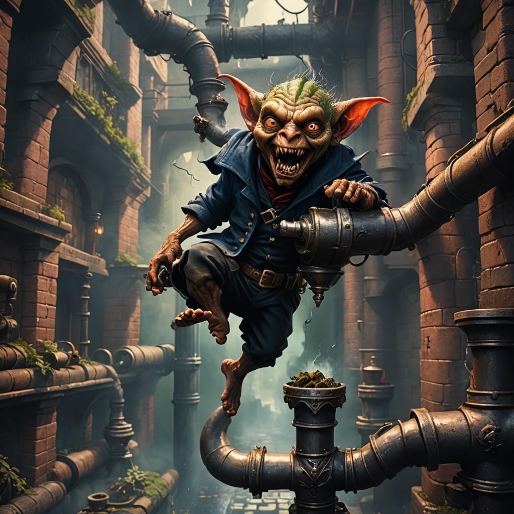 An illusion of an imp coming out of a pipe smoked by a demon