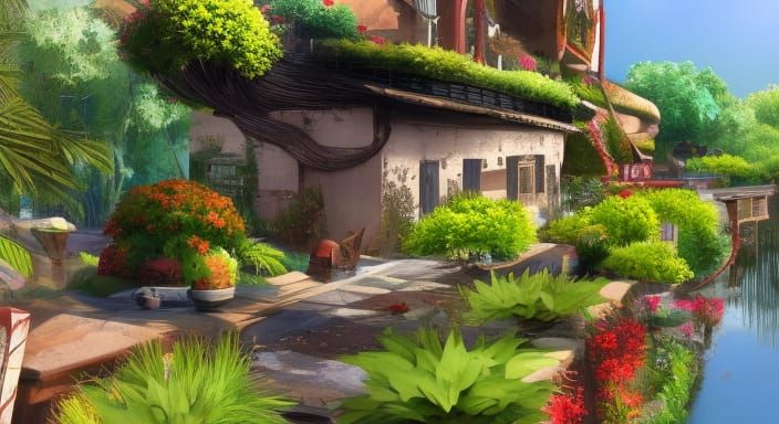 village ambience with abundant vegetation diversity by a bod...