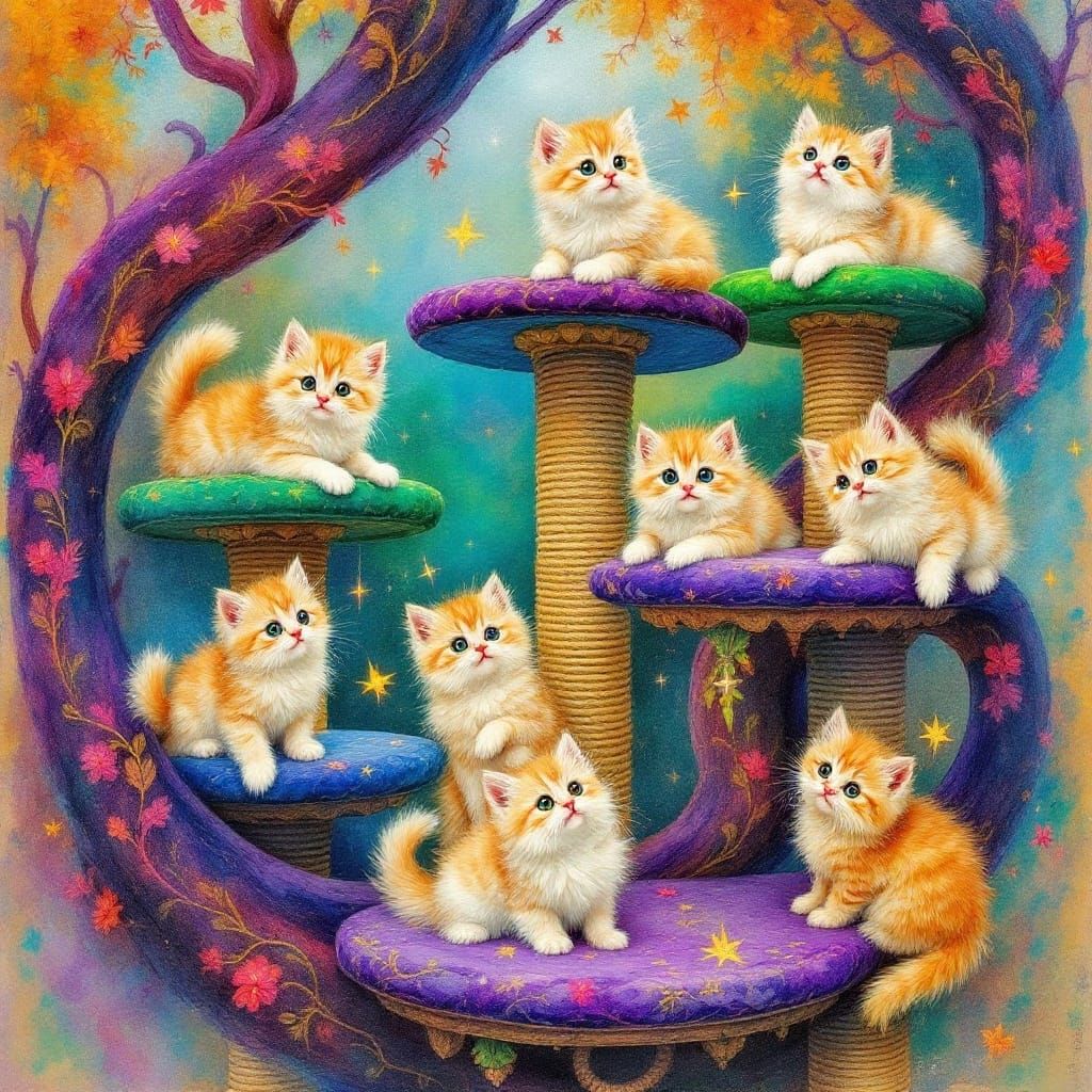 kittens on a felted cat tower