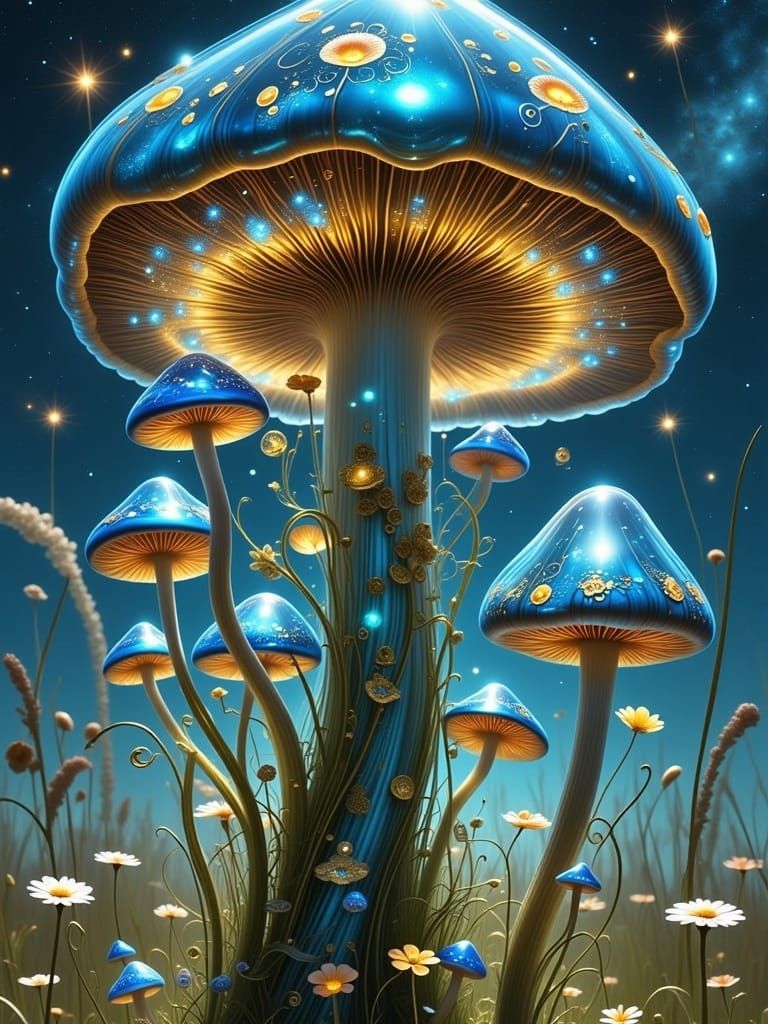 <lora:MILLENNIUM MUSHROOM:1.0>
VIVID fine art mytical realm of blue-sky view of a huge fantastical glowing transparent glass mushroom, whims...