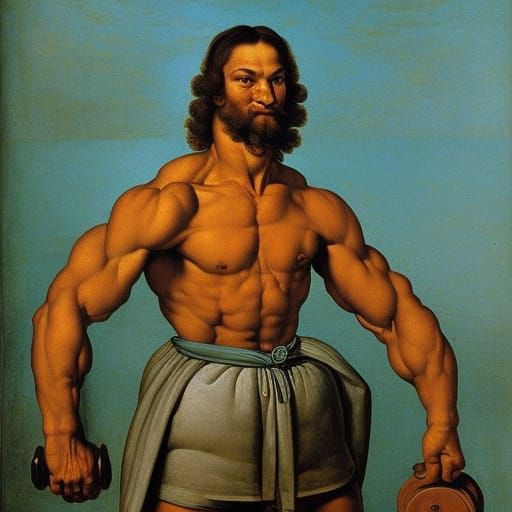 Self-Portrait of Young Albrecht Durer as a weightlifter, pai...