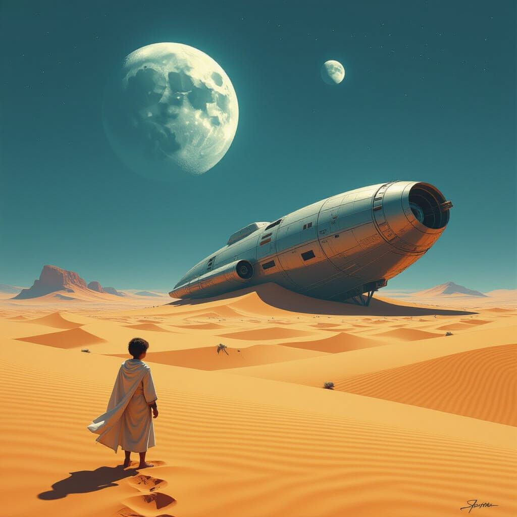 A lone Dutch boy, dressed in traditional attire, stands at the edge of a vast, shimmering desert under a sky filled with two moons. In the d...