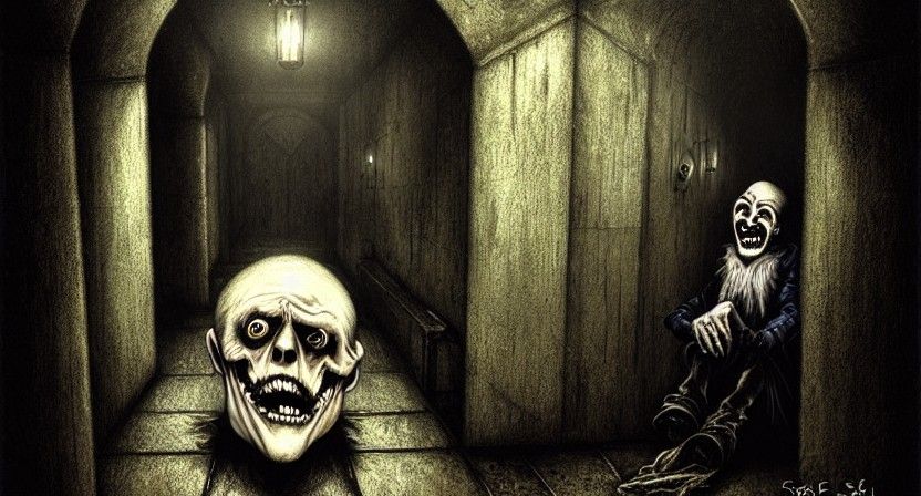 Laughing old knave with dead eyes stands in a dark hallway b...