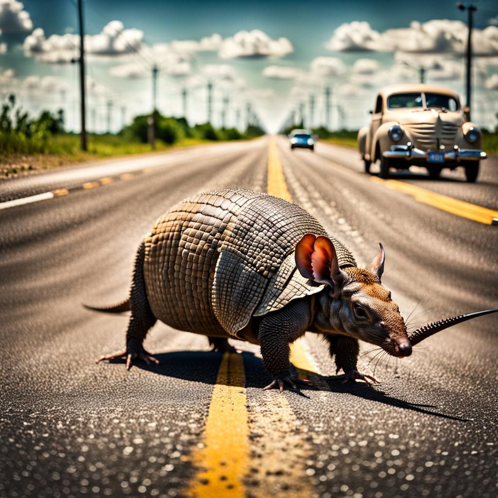 Center an armadillo standing in the middle of the highway