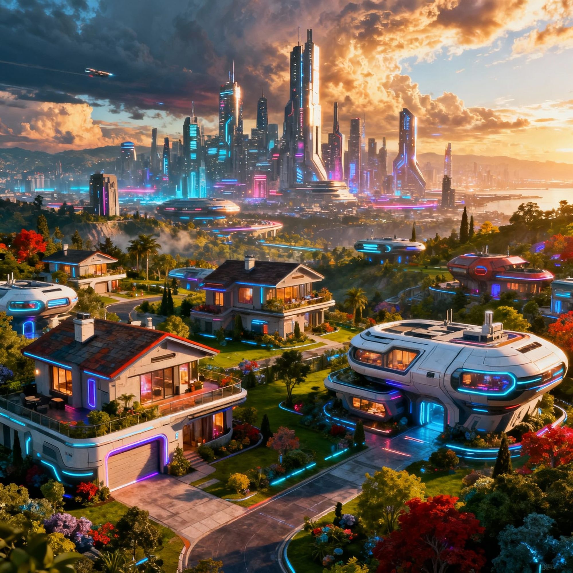 Futuristic neighborhood full of futuristic houses with a view of futuristic city in the background
