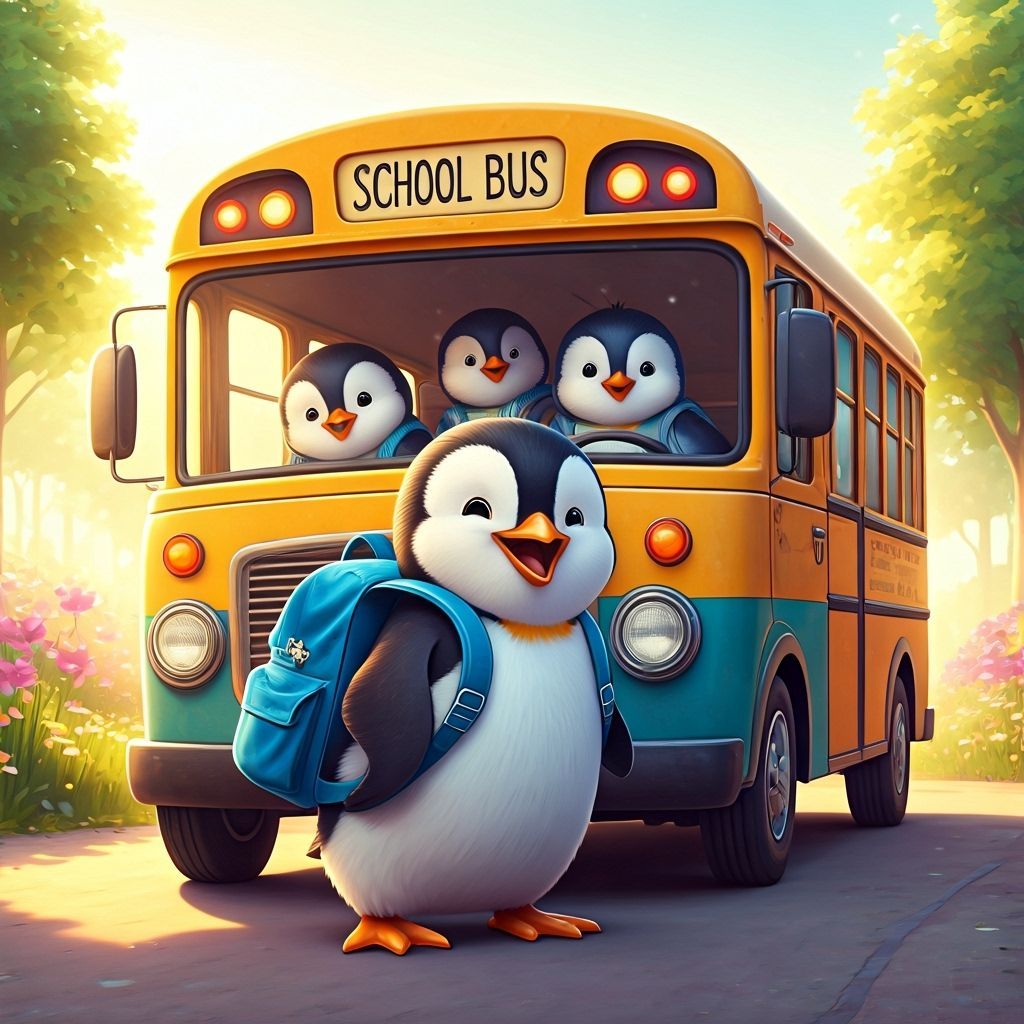 Cartoon Penguin on School Bus in Pixar Style