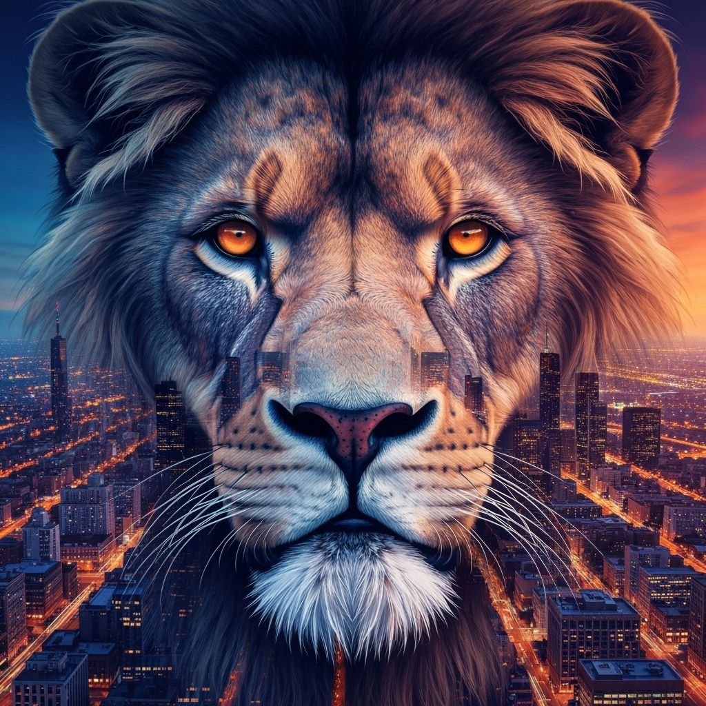 Surreal Lion Cityscape Double Exposure Digital Art