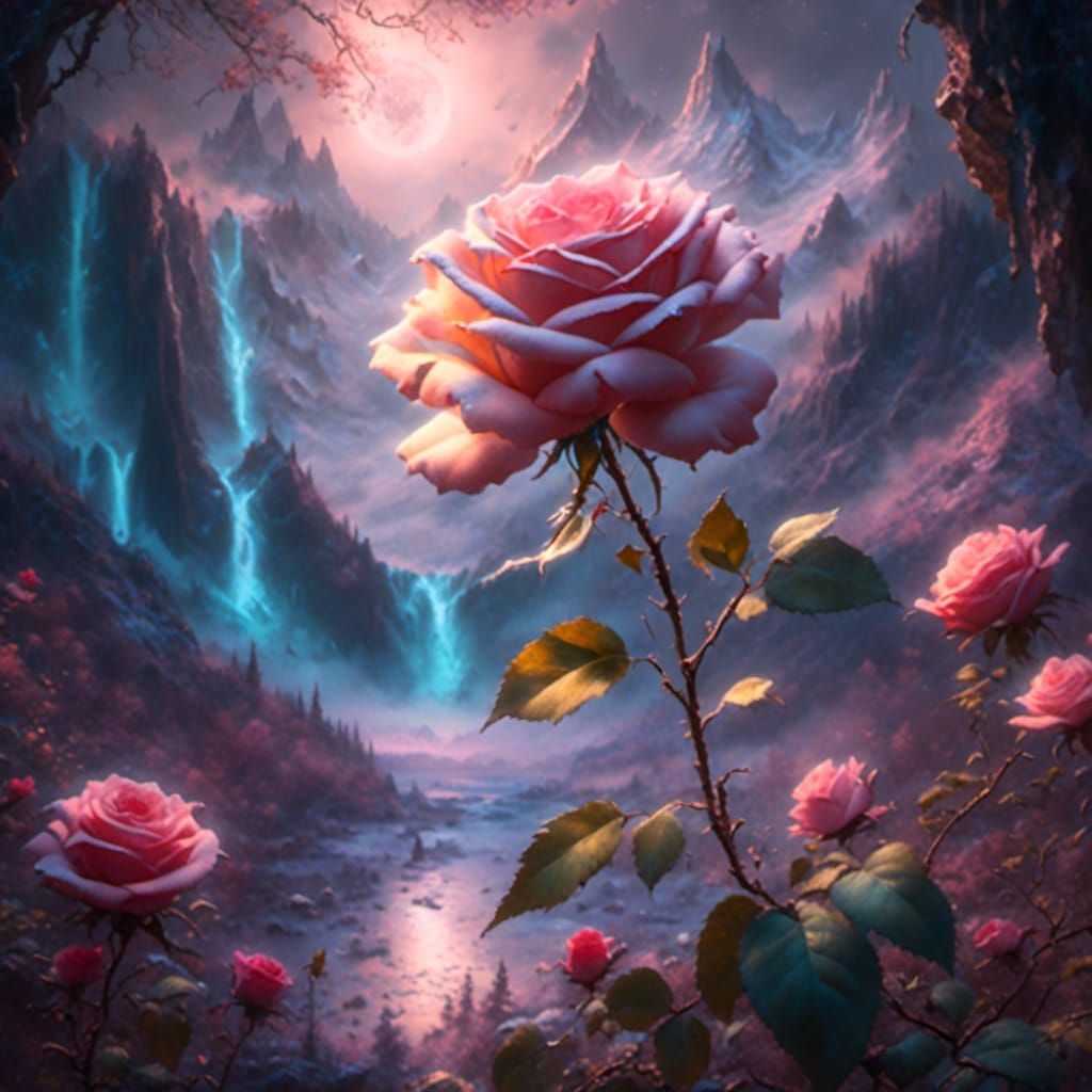 <lora:Project MindscapeMix:1.0>, frozen rose, detailed painting by Tyler Edlin and Kim Keever and Gilbert Williams and Makoto Shinkai, trend...