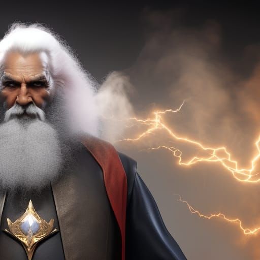 Hyper photo realistic old white bearded Warlock casting colorful magic spell, colored lightning & smoke, unreal engine 5...