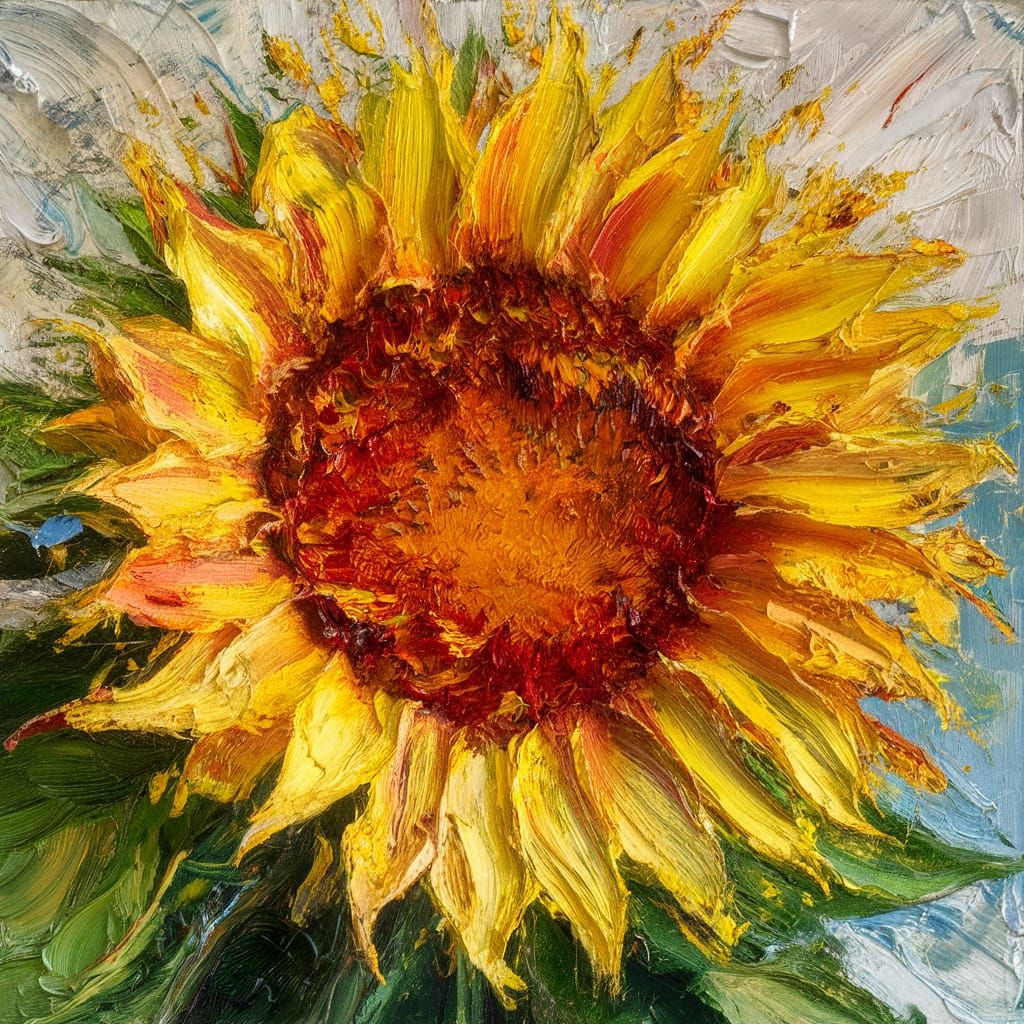 A vibrant Neo-Impressionist painting of a sunflower, with thick, colorful, textured paint.
