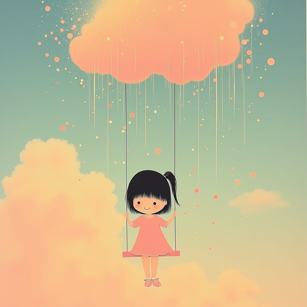  <lora:flowingDream:1.0> a smiling little girl swings on a swing attached to a peach cloud, perfect anatomy