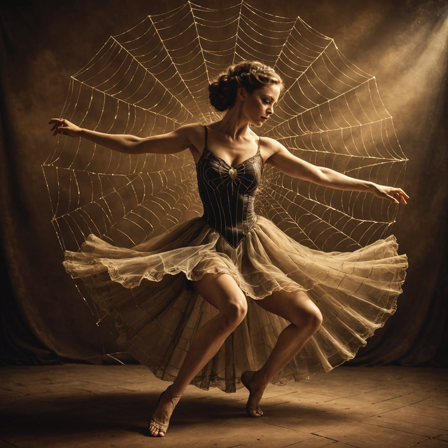 she  dances in a frock created out of spiderweb 