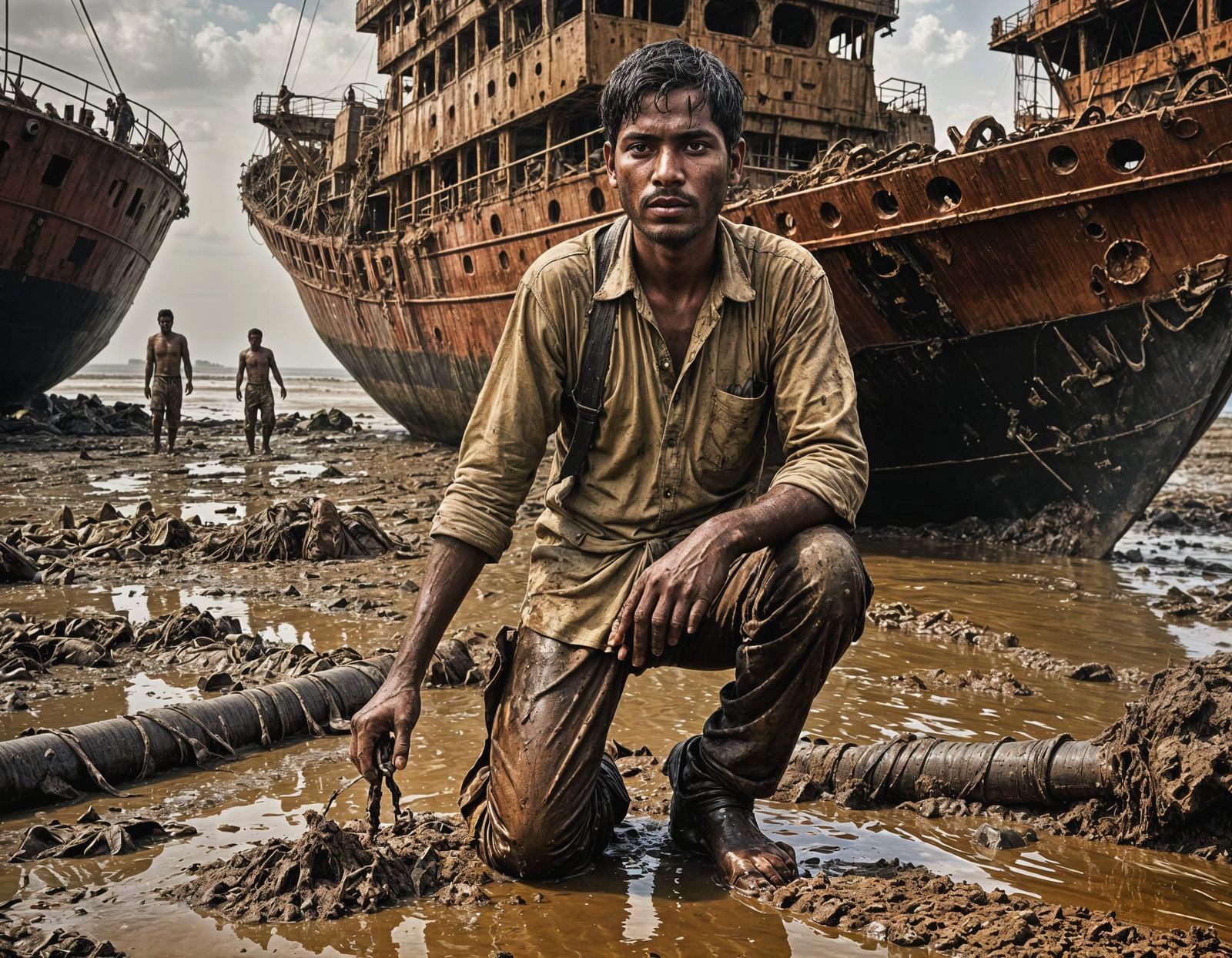 Shipbreaking worker on a polluted beach  by @Francis H