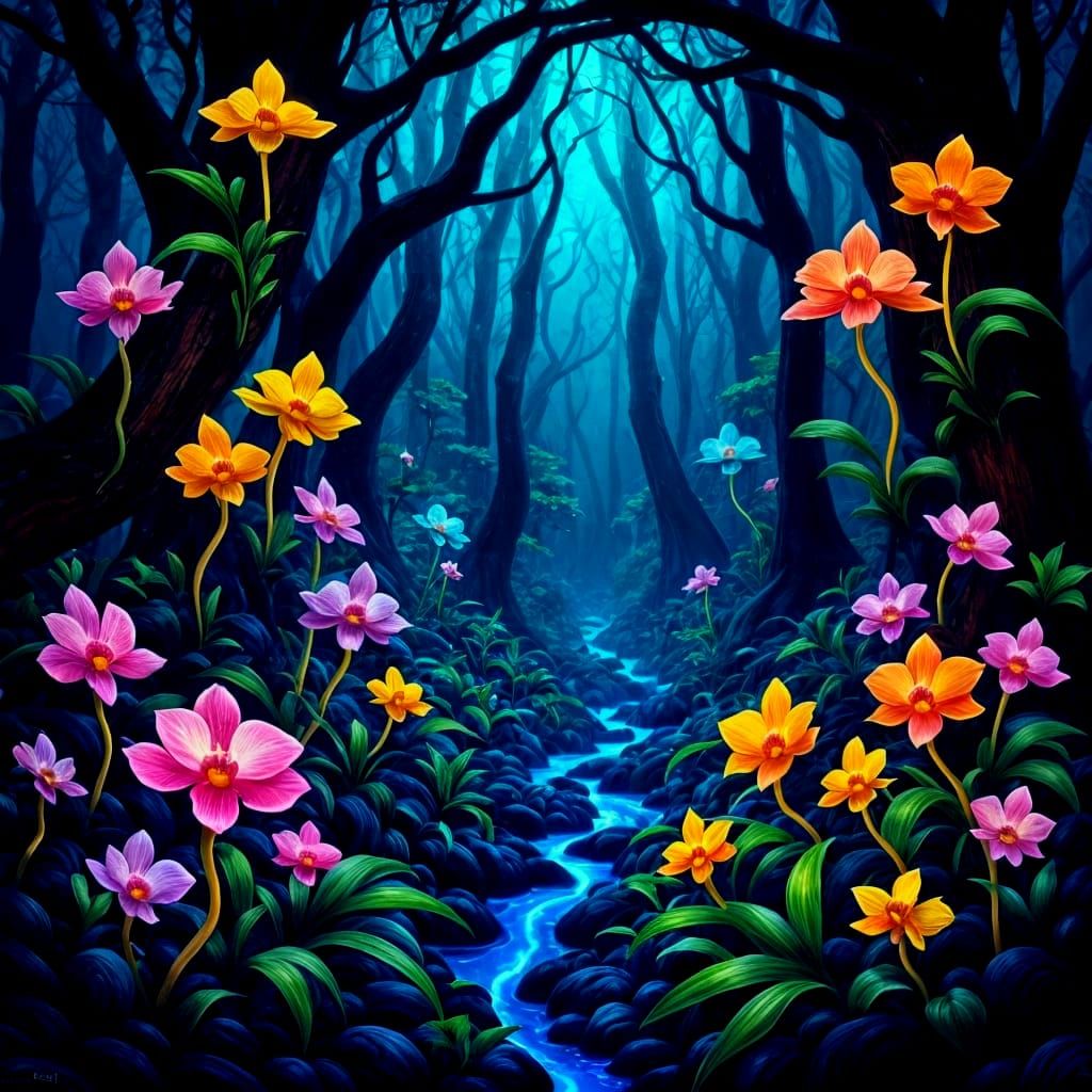Vibrant Jungle Scene with Morphed Wild Orchids and Biolumine...