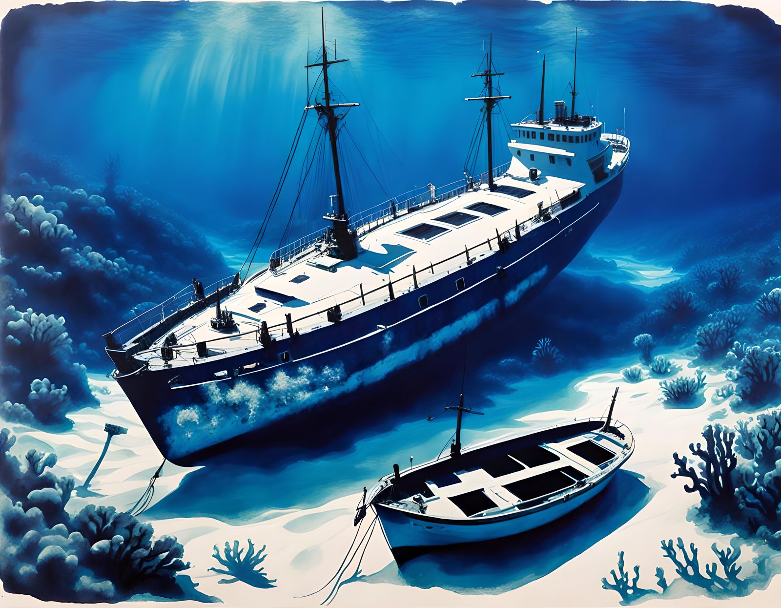 "(cyanotype printing:1.5), underwater wreck of caravelle, Ch...
