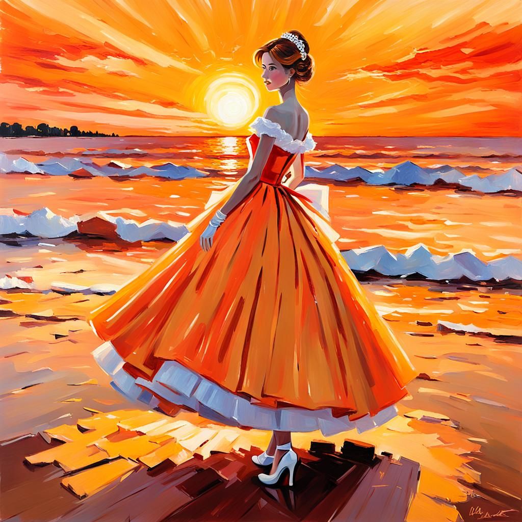 Orange Themed Impressionist Painting of a Debutante Standing...
