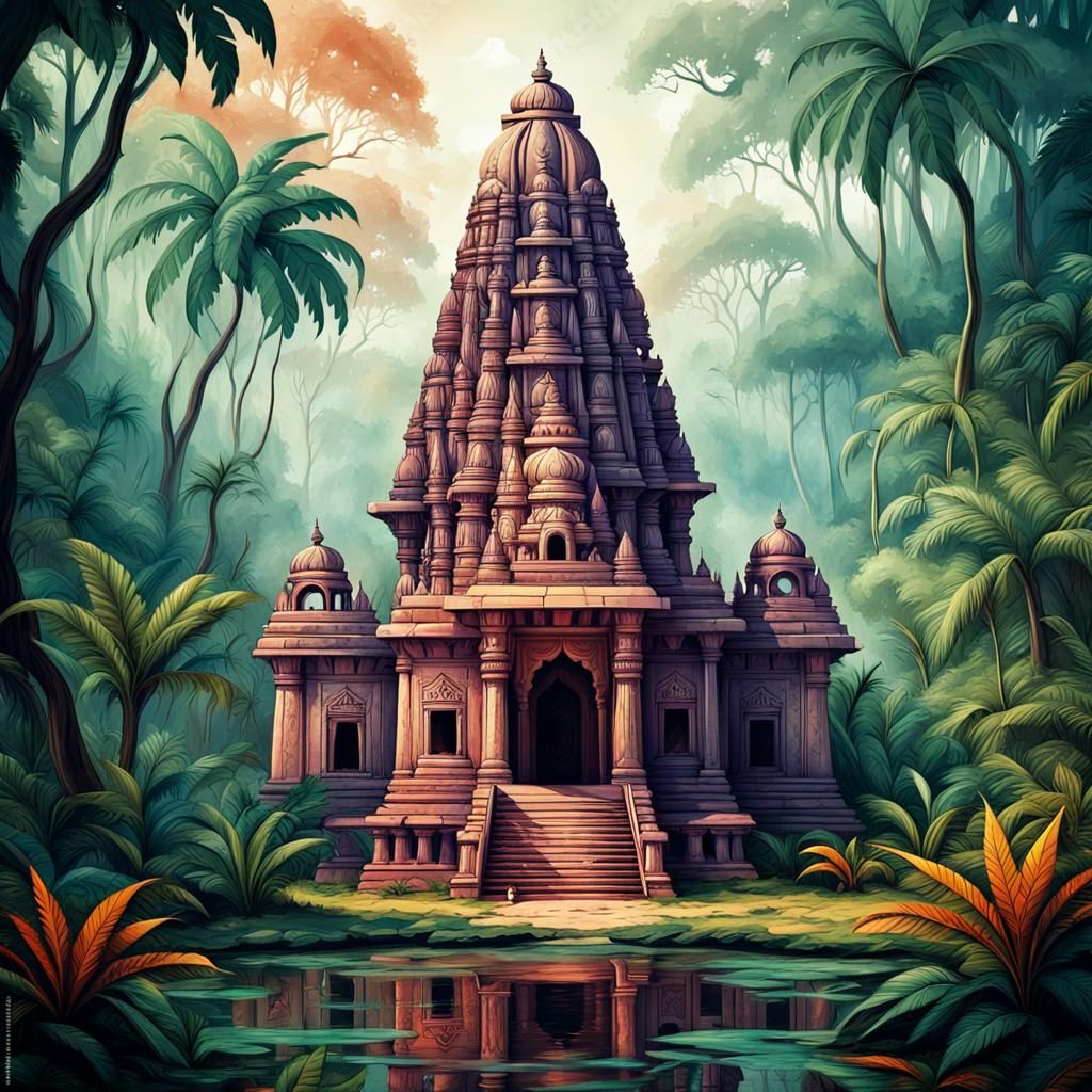 Fantasy Indian temple in the middle of the Indian Jungle