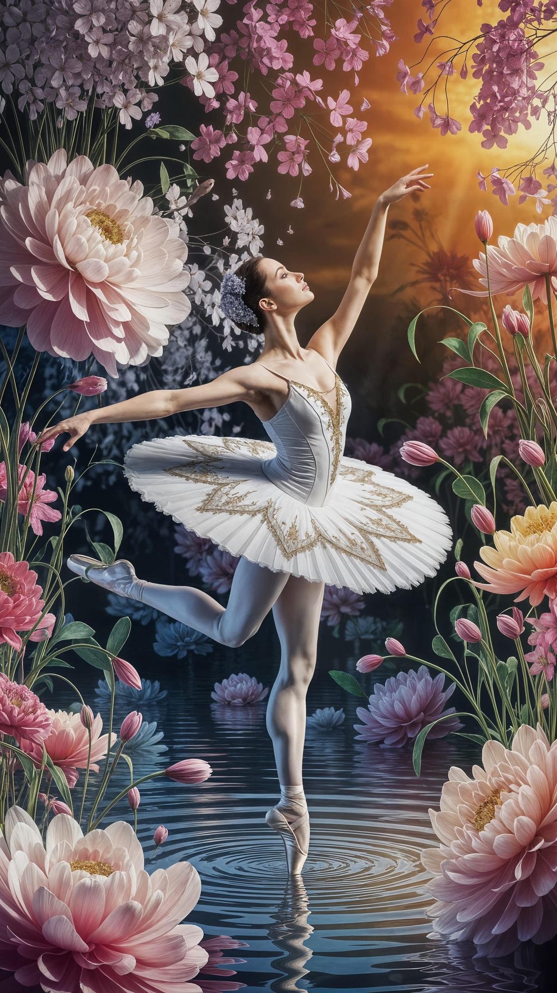 A ballerina on pointe, dancing on water surrounded by beautiful and colorful flowers.Bathed in the ethereal glow of the sun light