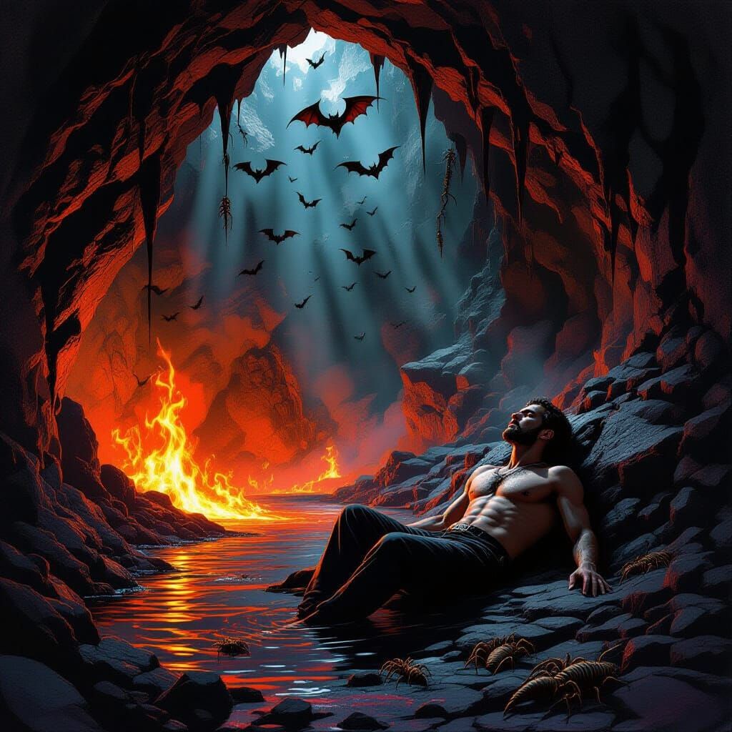 As if the world is ending, a man is relaxing in a place where vampire bats hang from the ceiling, beside a river of fire and molten lava flo...