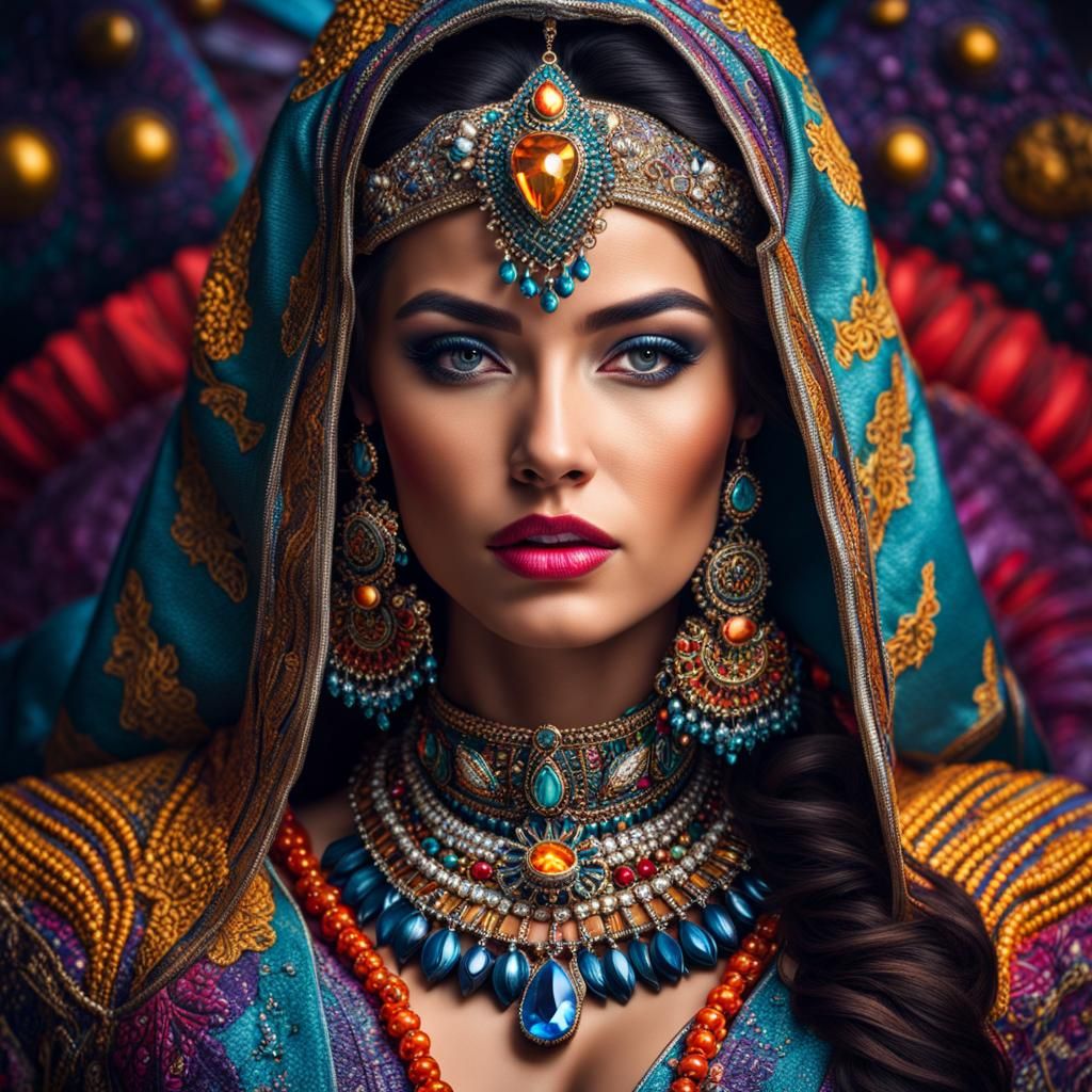 Hyperrealistic portrait of a beautiful woman wearing intricately detailed colorful clothing and futuristic ...  by @undefined