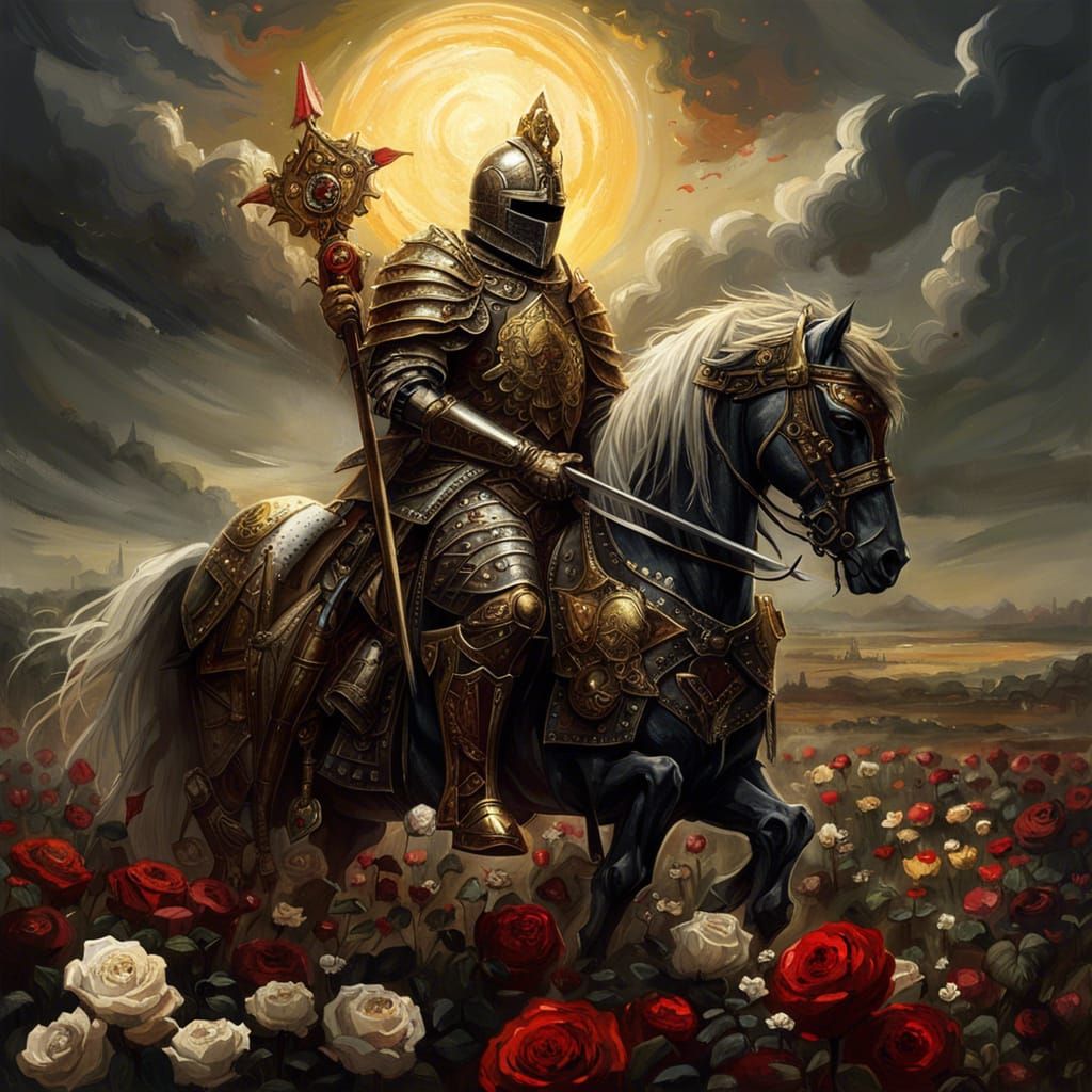 Gothic Knight Templar on Horse in Field of Roses