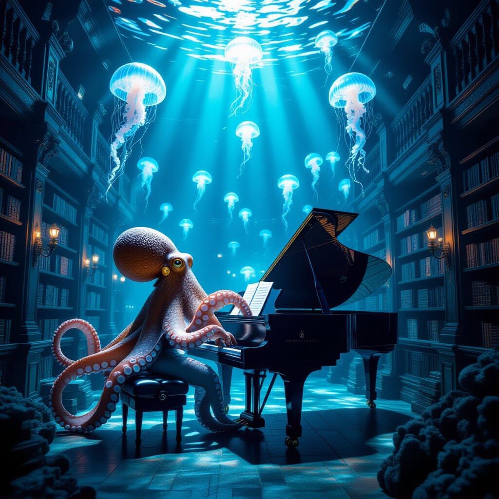 Realistic image of An octopus playing piano in an underwater...
