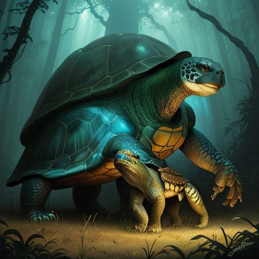 Majestic Turtle Protects Cub in Ancient Forest