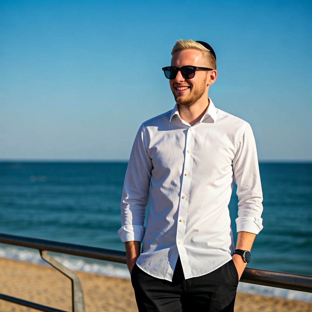 Stylish Haredi Man on Beach in Vibrant Style