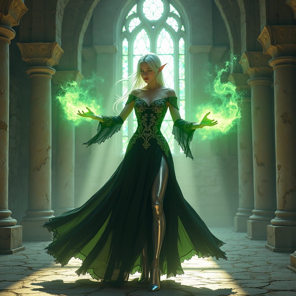 Frieren from sou no frieren (female elf). Change her colour scheme to black instead of white for her dress, gold is replaced by an etheral g...