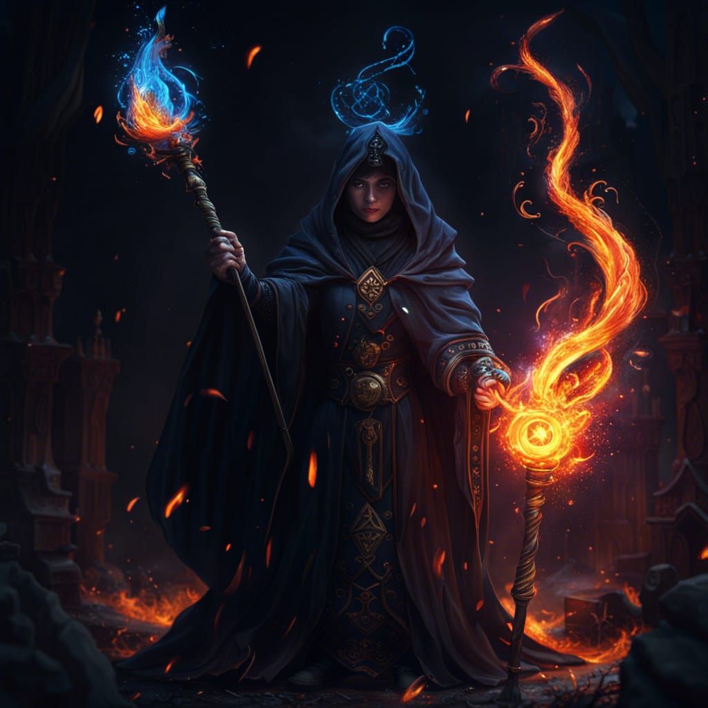 Mage In Black Robes Covered In Magic Symbols Holds Magic Staff And 