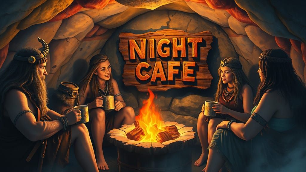 Watercolour style, static shot: Prehistoric cavemen and cavewomen sit around a small wood bonfire, drinking ...  by @Chris Graham - TSRA