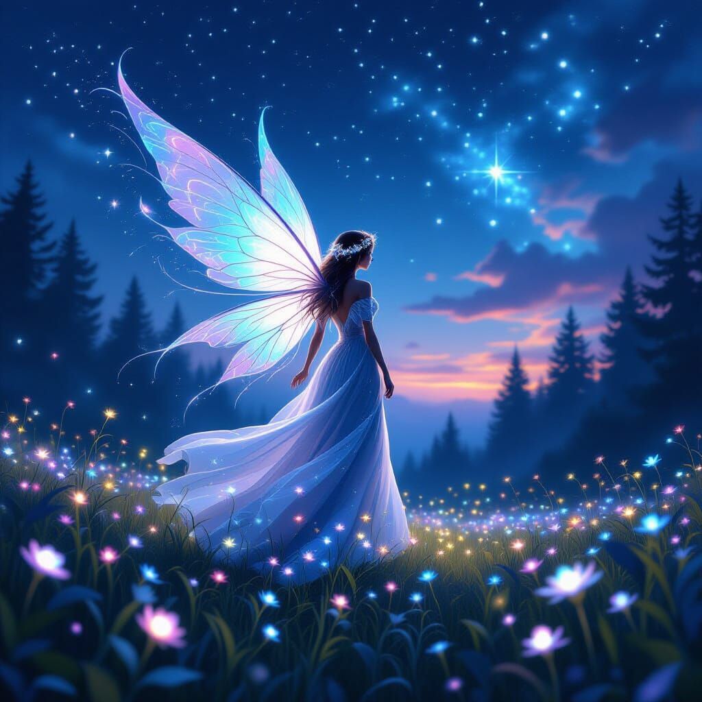An ethereal sprite with wings made of stardust and moonlight hovers above a field of bioluminescent flowers. Her gown is woven from twilight...