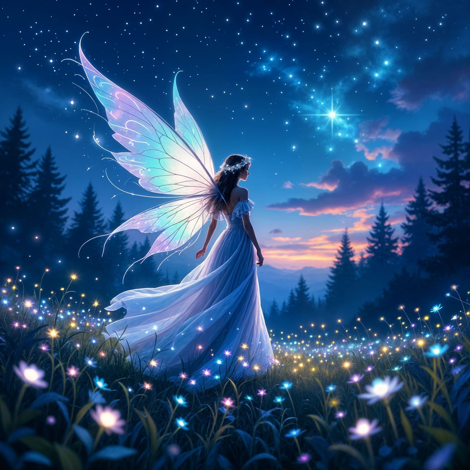 An ethereal sprite with wings made of stardust and moonlight hovers above a field of bioluminescent flowers. ...  by @P S