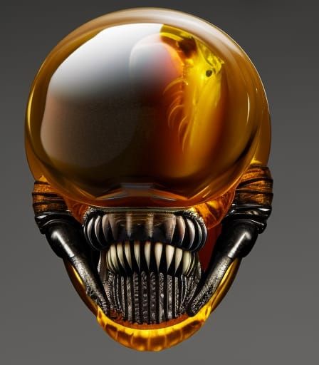 Xenomorph Fossil Encased in Amber: Hyperrealistic Close-Up