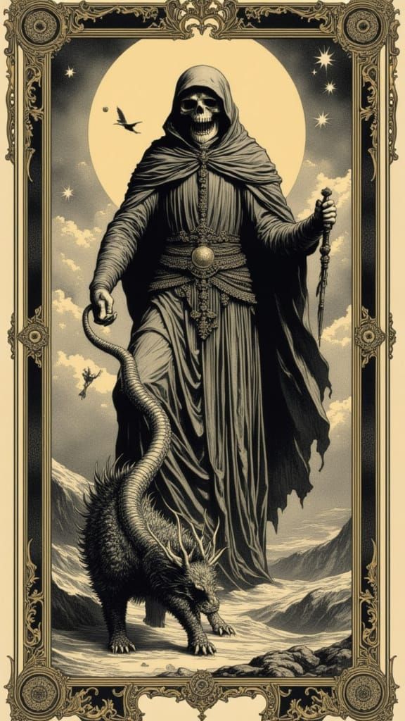 "The Chariot" tarot card, beautiful, foreboding, a chariot puled by a dragon, ornate borders, tarot card by Dürer <lora:Tarot by Durer:0.7>