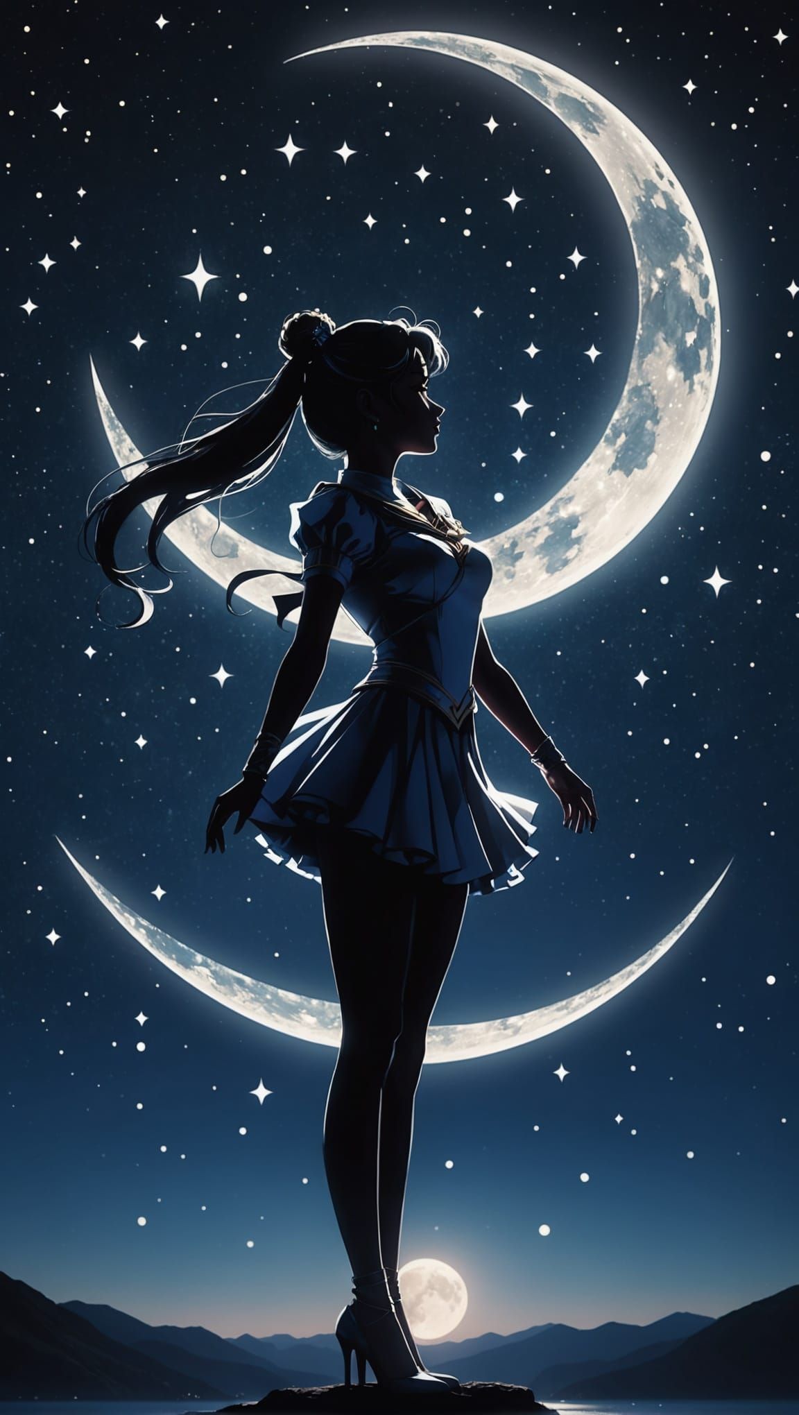 Double exposure of a crescent moon in front of a silhouetted...