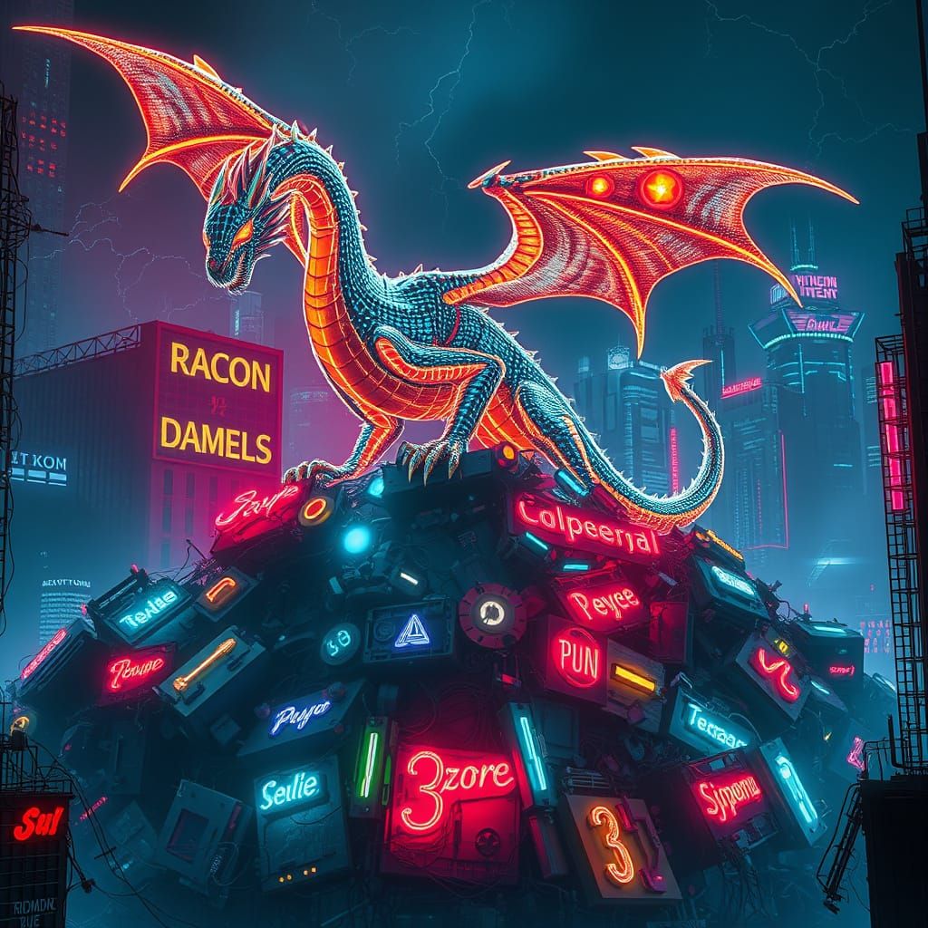 Bioluminescent Dragon in Cyberpunk Metropolis
