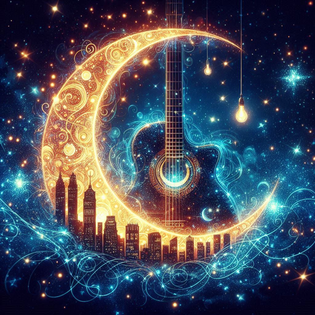 Guitar in the city at night