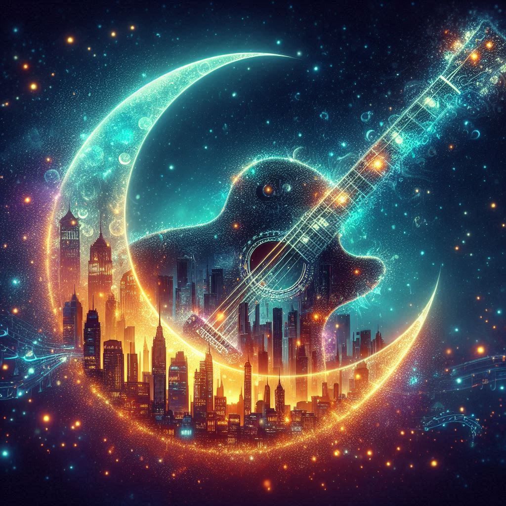 Guitar in the city at night