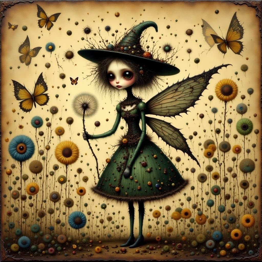 <lora:Macabre:1.0>  Adorable Dark fairy holding a dandelion, whimsical, dark fantasy, Rosina Wachtmeister, Laurel Burch, Tim Burton, Andy Ke...